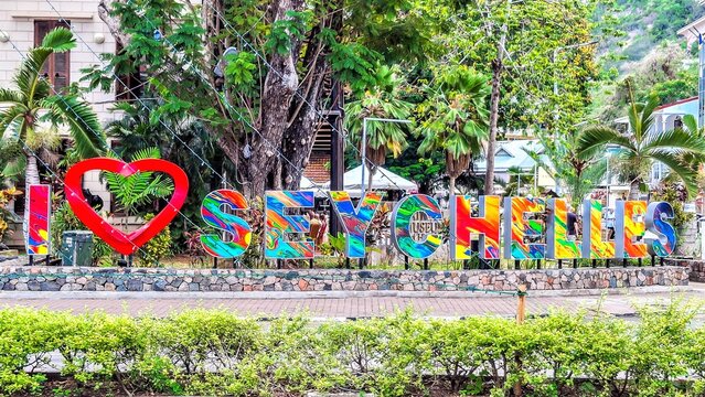 Inscription I love Seychelles at the street of Victoria. Mahe, Seychelles.