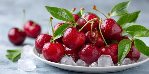 Wet fresh red cherries with leaves and ice