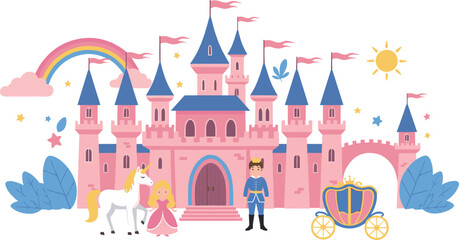 Magic pink princess castle vector illustration with cute unicorn rainbow prince princess and golden carriage for kids nursery wallpaper and fairytale birthday party designs. © Minara