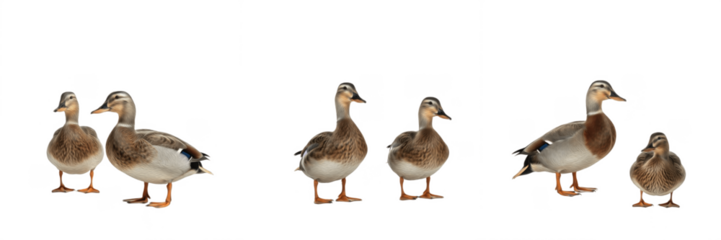 Set of female mallard ducks (Anas platyrhynchos) in different pairs and poses, isolated on white background.