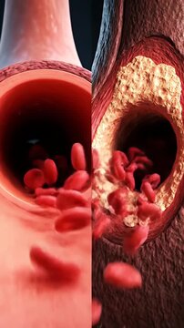 Cross Section of Healthy Artery Versus Artery Hardening with Red Blood Cells Flowing Inside on Dark Background
