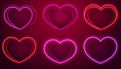 Neon Red and Purple Heart Shapes on Black Background