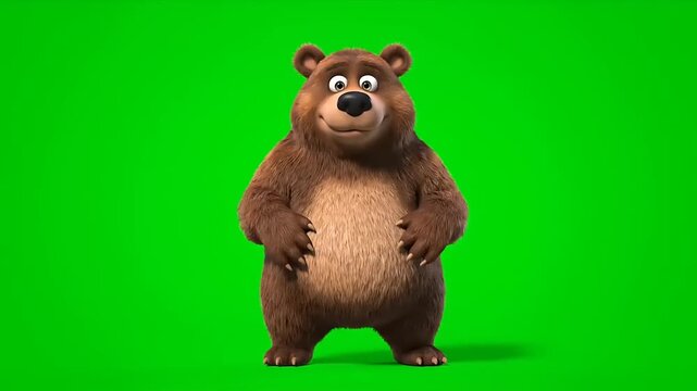 Friendly 3D animated cartoon bear character standing on a vivid green screen background, ideal for chroma key compositing in diverse digital media projects and stock video creation