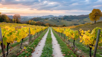 Naklejka premium Vineyard road with vibrant autumn foliage during sunset