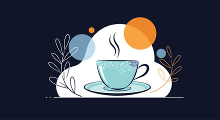 Artistic illustration of a steaming blue cup of coffee or tea on a saucer, decorated with floral elements on a dark blue background.