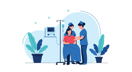 Two nurses attending to a female patient sitting in a wheelchair with an IV drip in a hospital or clinic setting.