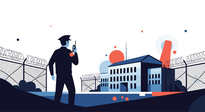 Security guard in uniform using a walkie-talkie stands watch outside a prison building enclosed by a tall barbed wire fence.