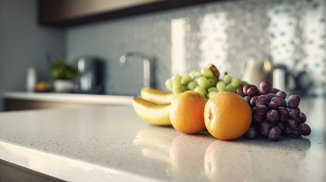 A vibrant assortment of fresh fruits &ndash; bananas, oranges, and grapes &ndash; rests on a light-colored kitchen countertop, creating a still life composition.
