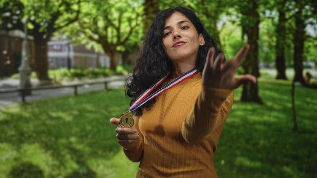 Woman points finger toward viewer while holding a first place medal and wearing a sweater in a park with trees and grass benches; victory pride.
