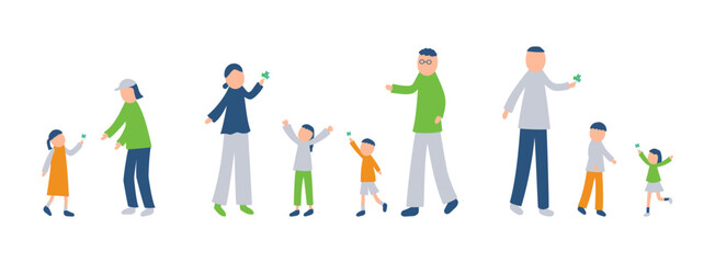 四つ葉のクローバーを見つける家族のイラストセット