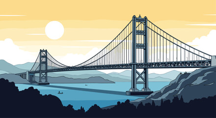 Fototapeta premium Pixel art illustration of a large suspension bridge, reminiscent of the Golden Gate, spanning across a body of water at sunset.
