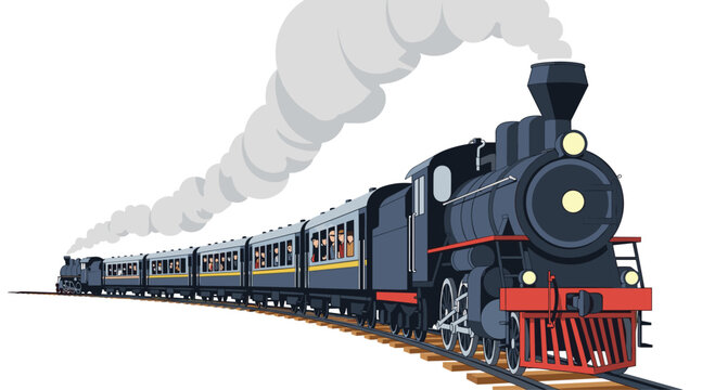 Classic steam locomotive train with passenger cars traveling on a railway track, emitting a large plume of smoke from its chimney.