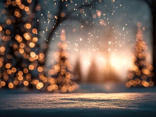 A blurred winter landscape with twinkling lights and falling snow, creating a magical and serene atmosphere.