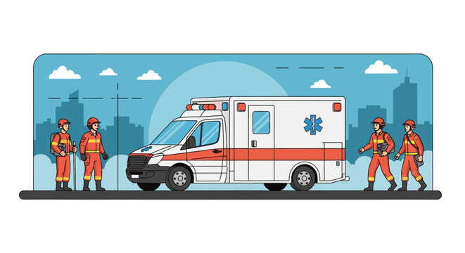 Paramedics and Rescue Team Standing by Ambulance in City Street. First Responders and Emergency Vehicle Illustration.