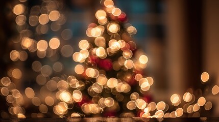 A blurred Christmas tree is illuminated with warm, festive lights, creating a bokeh effect against a dark background.