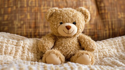 A soft, brown teddy bear sits comfortably on a textured blanket, creating a cozy and inviting scene.
