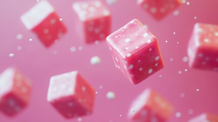 A collection of floating, pink-colored cubes with white polka dots are scattered across a vibrant pink background, creating a playful and dreamy effect.