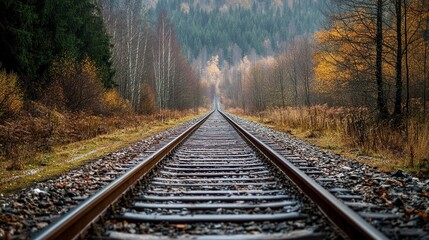 Fototapeta premium A long, straight railway track stretches into the distance, disappearing into a misty forest landscape on a cloudy autumn day.