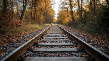 Fototapeta premium A long railway track stretches into the distance through a vibrant autumn forest, creating a sense of journey and exploration.
