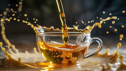 Close-up shot of golden tea pouring into a clear glass mug, creating a dynamic splash and numerous droplets.