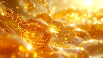 Abstract golden background of cosmetic essence or skin cells. 3D rendering of serum or oil capsules with collagen and vitamin ingredients. 