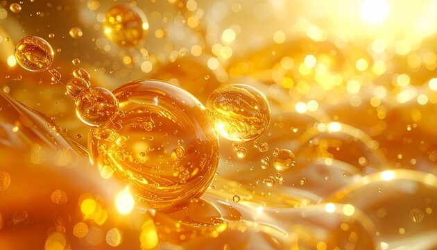 Abstract golden background of cosmetic essence or skin cells. 3D rendering of serum or oil capsules with collagen and vitamin ingredients. 