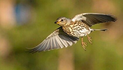 A small bird, wings outstretched, soars through the air. Its patterned feathers are detailed, with a blurred green background