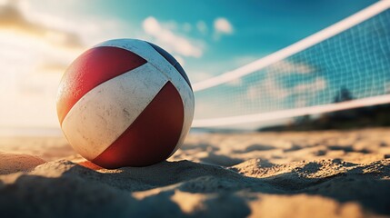 A volleyball rests on a sandy beach, with a vibrant sunset in the background and a net stretching across the frame.