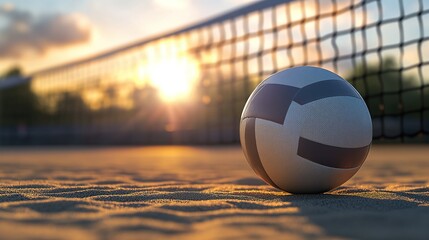 A volleyball sits on a sandy court, illuminated by the warm glow of a sunset behind a net.