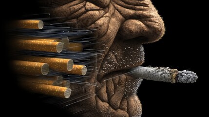 Close-Up Portrait of Aging Man's Face with Cigarette and Abstract Representation of Cigarettes in Motion