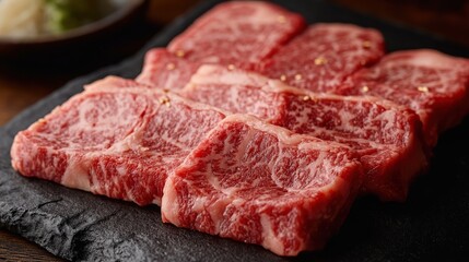 A platter of beautifully marbled Wagyu beef slices rests on a dark gray slate board, garnished with green wasabi and surrounded by a wooden bowl. Showcasing its rich marbling and freshness.