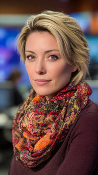 Young blond woman newscaster working in news studio