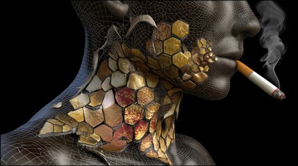 Artistic Representation of Smokers with Hexagonal Patterns on Neck and Smoke Rising from Cigarette