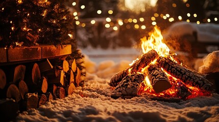 A roaring bonfire crackles warmly in the snowy landscape, surrounded by a stack of logs and illuminated by twinkling fairy lights, creating a cozy winter scene.