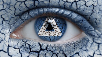 Abstract Close-Up of a Human Eye with Cracked Blue Surface and Geometric Shape Inside