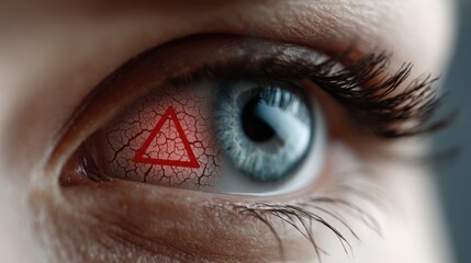 Naklejka premium Close-up of an Eye with a Red Triangle Symbol on the Cornea and Cracked Appearance