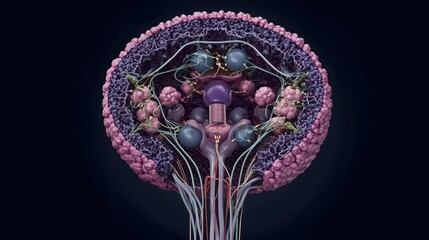 Obraz premium Intricate Artistic Representation of Cell Structures with Neurons, Nuclei, and Membranes Against a Dark Background