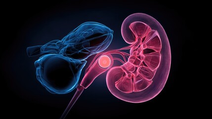Detailed Illustration of Human Kidney and Bladder Anatomy in Vibrant Colors for Medical Education and Research Purposes