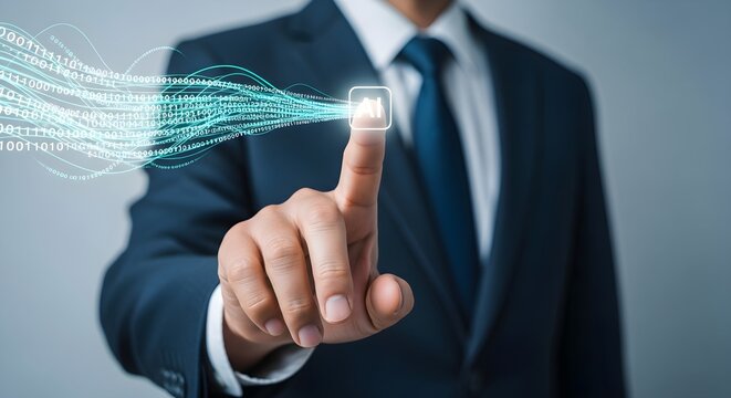 Man Touching Digital Stream of Light, Embodying the Concept of Future Innovation - Powered by Adobe