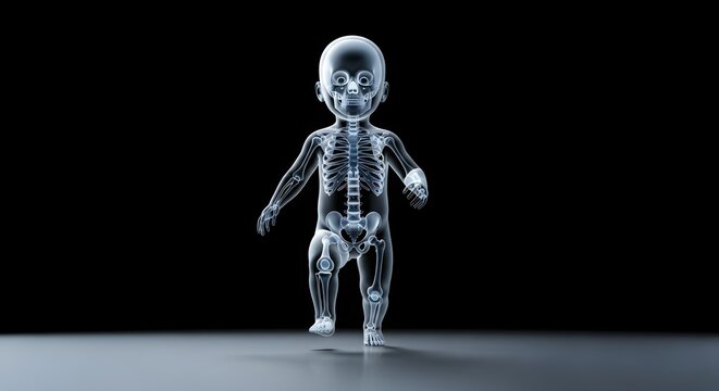 X-Ray View of a 3D Rendered Toddler Skeleton Walking on a Shiny Surface