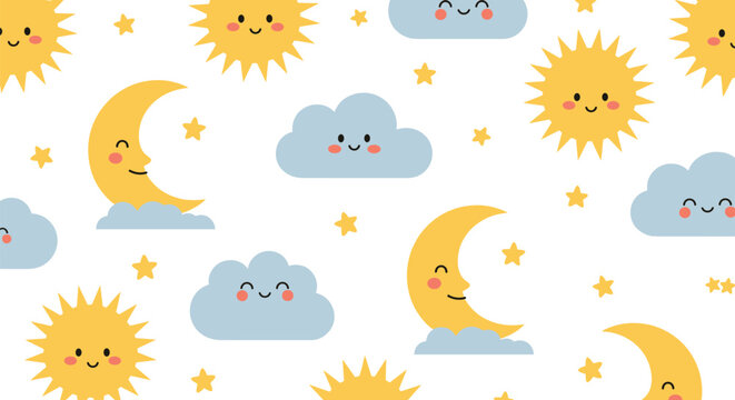Celestial seamless pattern with cute smiling suns crescent moons clouds and stars on a white background for nursery room decor.