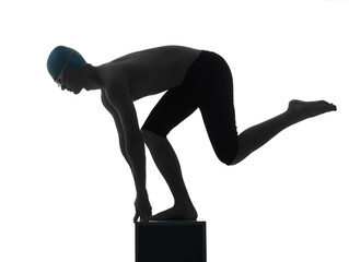 Silhouette of male swimmer on white background