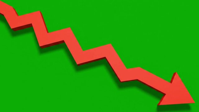 Red downward arrow on green background representing financial decline economic loss business crisis market downturn and negative performance trend concept