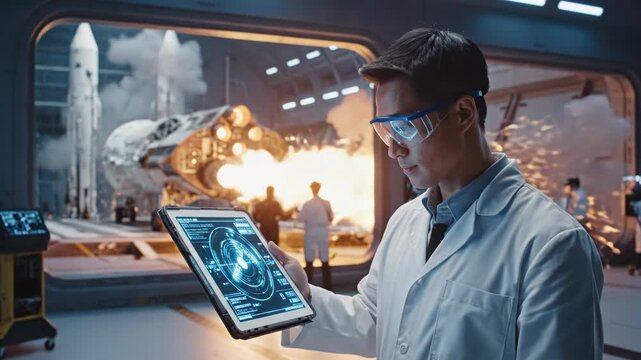 Asian man in lab coat using tablet with futuristic interface in front of rocket