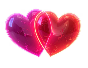 Two glowing neon hearts overlapping in red and pink colors,white background