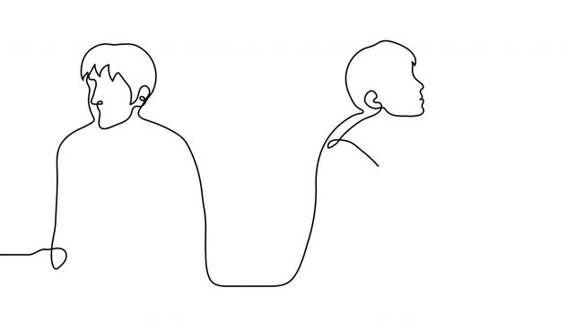 one line drawing animation of a lonely man looking away while a happy couple kisses nearby, jealousy, heartbreak or homophobia on a white