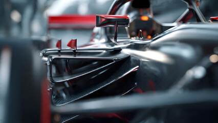 Obraz premium A sleek black race car with red accents speeds around a track with a driver in the cockpit.