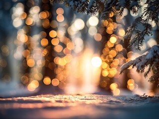 A serene winter forest scene with blurred lights and snow-covered branches, illuminated by a warm sunset glow.