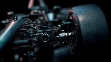 A close-up view of a sleek, black race car's wheel and suspension system in a dark setting.