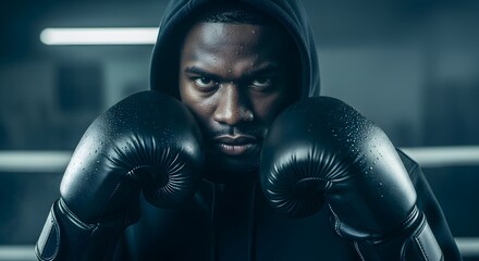 Determined African American Boxer Ready for Fight in Boxing Ring with Gloves and Hoodie